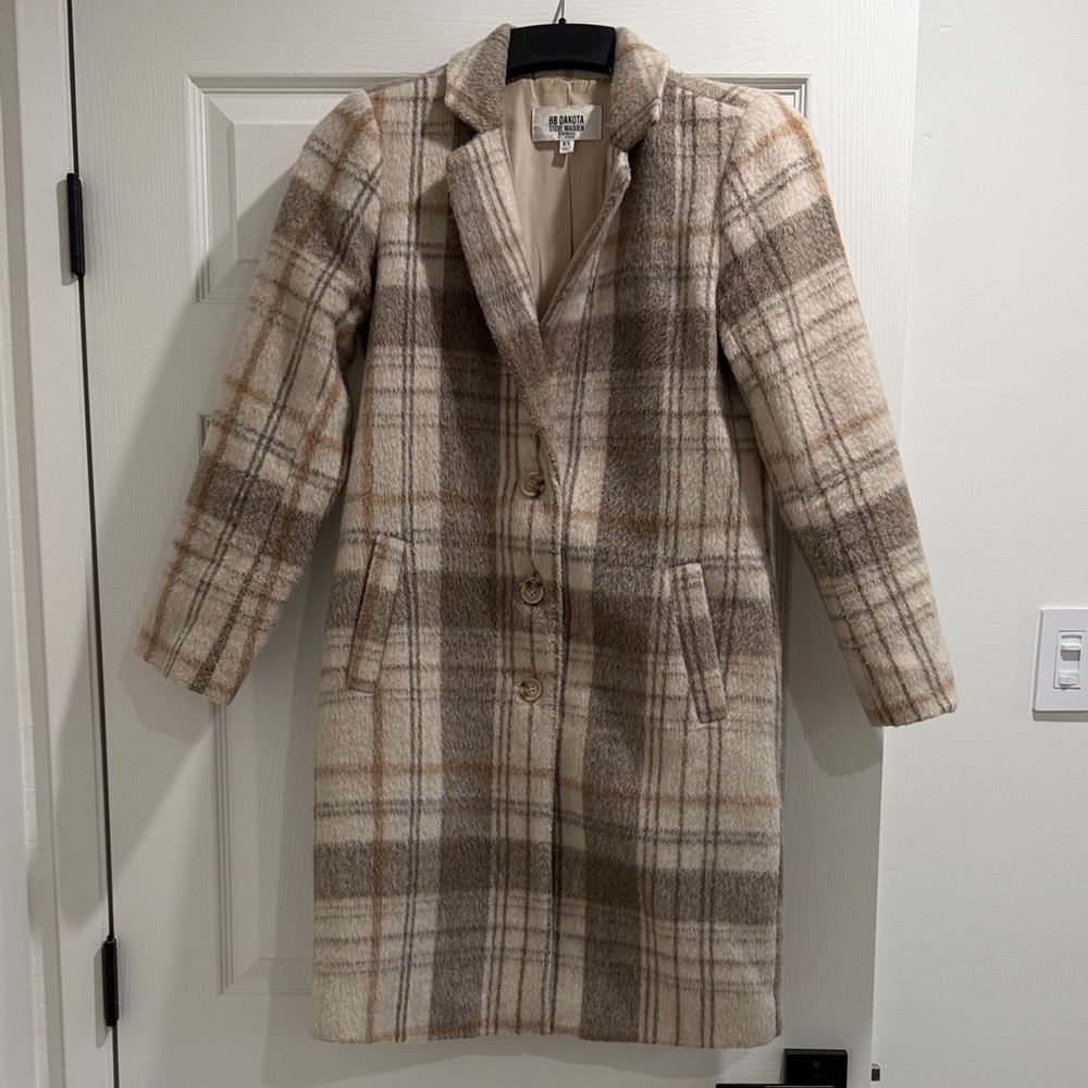 BB Dakota Cream and Brown Plaid Trench Coat